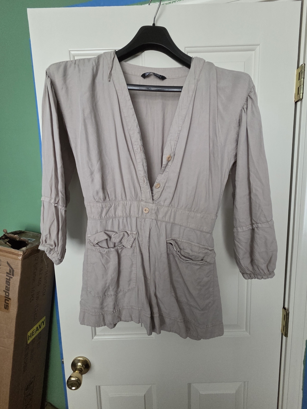 Zara Beige Long-Sleeve V-Neck Jumpsuit Romper